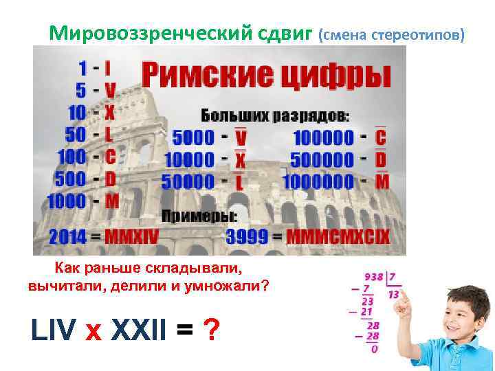 Мировоззренческий сдвиг (смена стереотипов) Как раньше складывали, вычитали, делили и умножали? LIV х ХХII