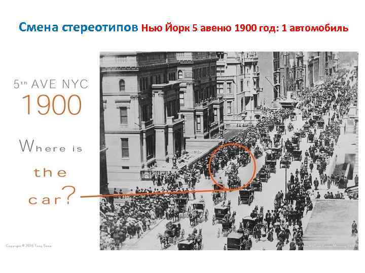 Смена стереотипов Нью Йорк 5 авеню 1900 год: 1 автомобиль 