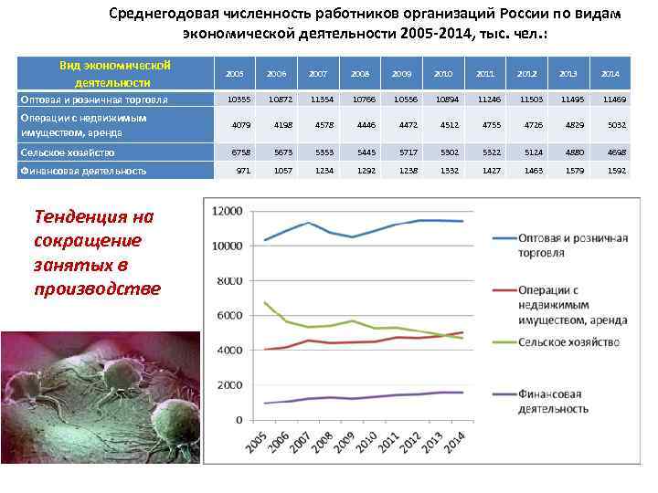 Среднегодовая численность работников организаций России по видам экономической деятельности 2005 -2014, тыс. чел. :