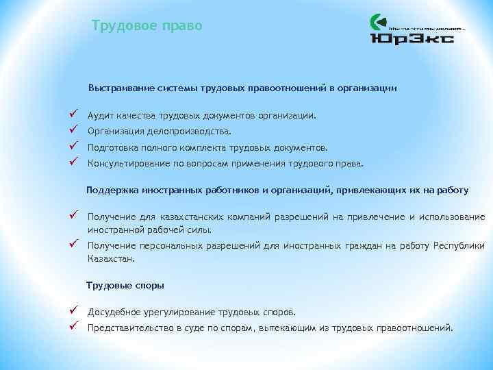 Трудовое право Выстраивание системы трудовых правоотношений в организации ü ü Аудит качества трудовых документов