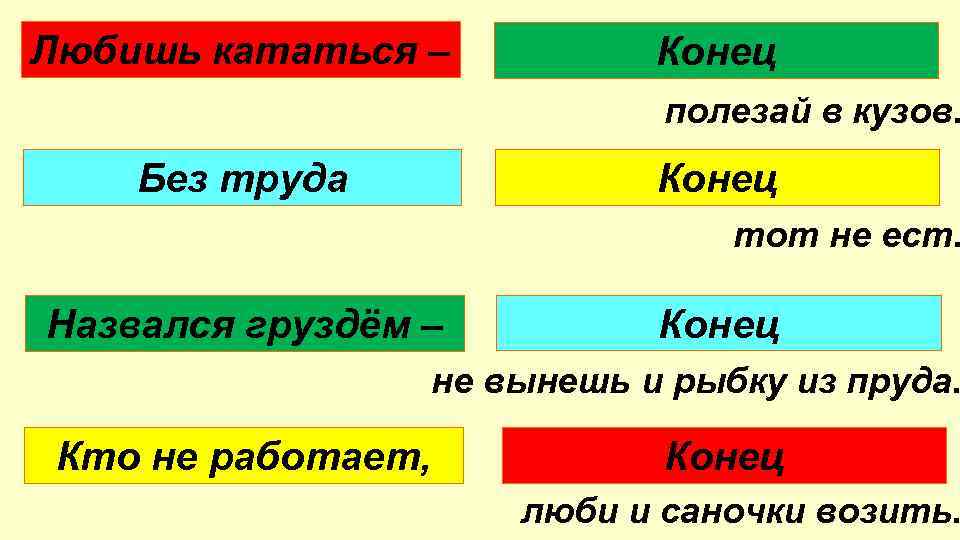 Любишь кататься – Конец полезай в кузов. Без труда Конец тот не ест. Назвался