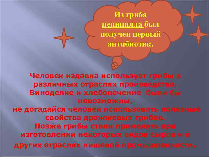 Из гриба пеницилла был получен первый антибиотик. Человек издавна использует грибы в различных отраслях