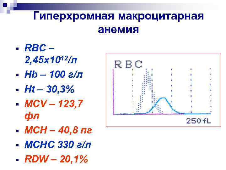 Гиперхромная макроцитарная анемия § § § § RBC – 2, 45 x 1012/л Hb