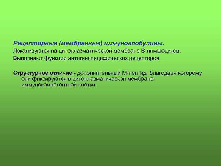 Рецепторные (мембранные) иммуноглобулины. Локализуются на цитоплазматической мембране В-лимфоцитов. Выполняют функции антигенспецифических рецепторов. Структурное отличие