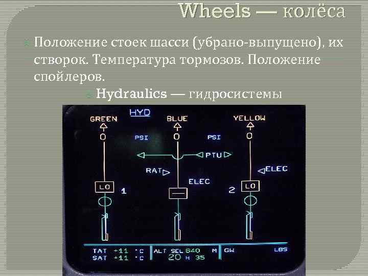 Wheels — колёса Положение стоек шасси (убрано-выпущено), их створок. Температура тормозов. Положение спойлеров. Hydraulics