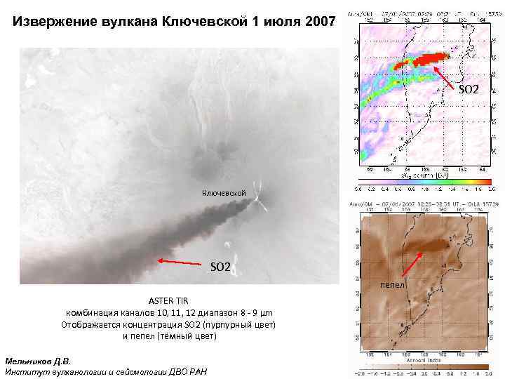 Извержение вулкана Ключевской 1 июля 2007 SO 2 Ключевской SO 2 пепел ASTER TIR