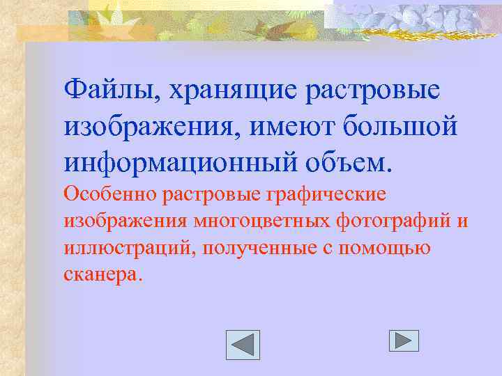 Файлы, хранящие растровые изображения, имеют большой информационный объем. Особенно растровые графические изображения многоцветных фотографий