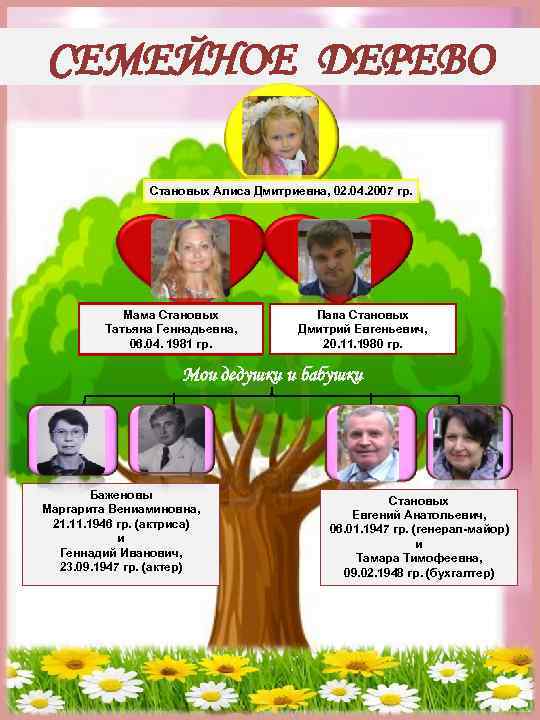 СЕМЕЙНОЕ ДЕРЕВО Становых Алиса Дмитриевна, 02. 04. 2007 гр. Мама Становых Татьяна Геннадьевна, 06.