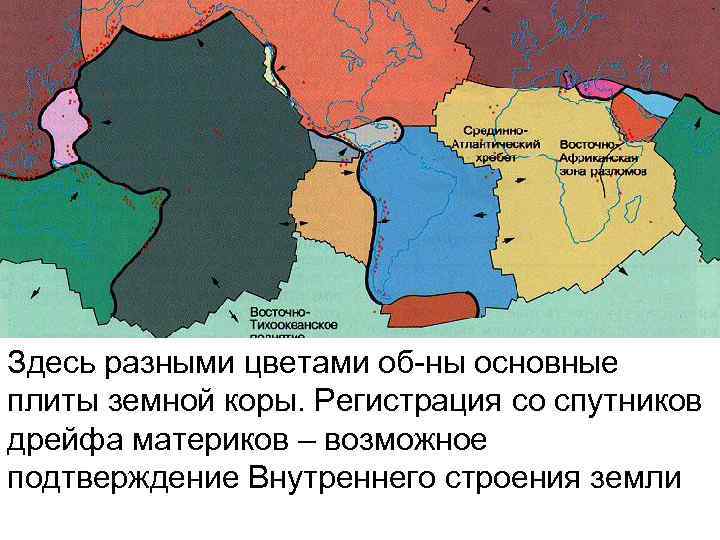 Здесь разными цветами об-ны основные плиты земной коры. Регистрация со спутников дрейфа материков –