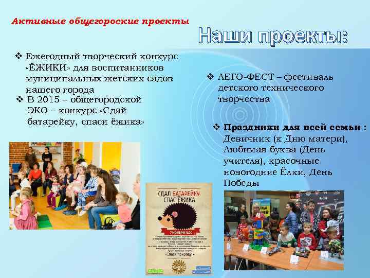Активные общегороские проекты v Ежегодный творческий конкурс «ЁЖИКИ» для воспитанников муниципальных жетских садов нашего