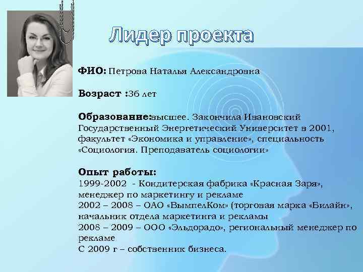 Лидер проекта ФИО: Петрова Наталья Александровна Возраст : 36 лет Образование: высшее. Закончила Ивановский