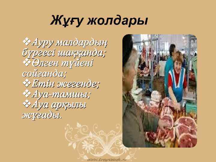 Жұғу жолдары v. Ауру малдардың бүргесі шаққанда; vӨлген түйені сойғанда; v. Етін жегенде; v.