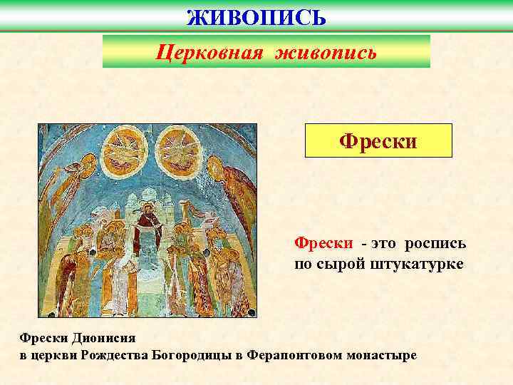 ЖИВОПИСЬ Церковная живопись Фрески - это роспись по сырой штукатурке Фрески Дионисия в церкви