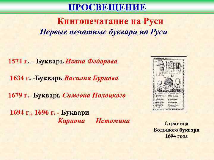 ПРОСВЕЩЕНИЕ Книгопечатание на Руси Первые печатные буквари на Руси 1574 г. – Букварь Ивана