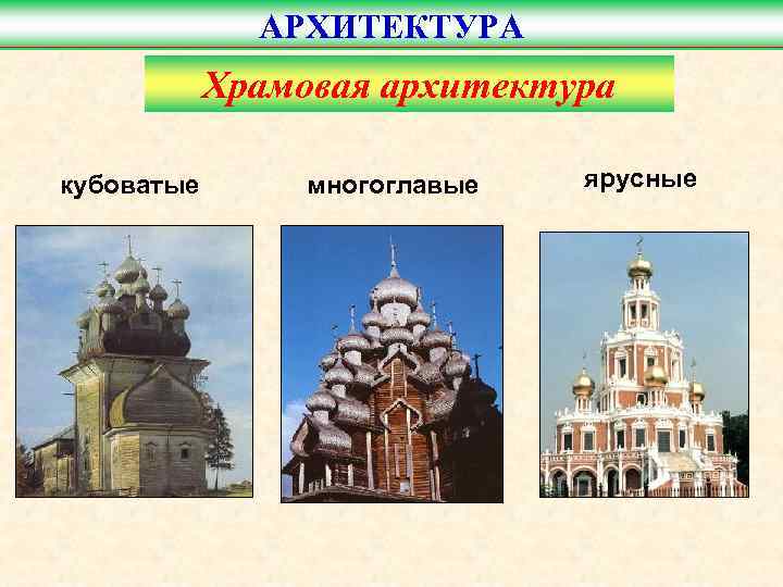 АРХИТЕКТУРА Храмовая архитектура кубоватые многоглавые ярусные 