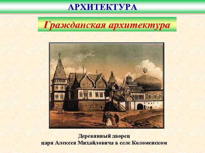 АРХИТЕКТУРА Гражданская архитектура Деревянный дворец царя Алексея Михайловича в селе Коломенском 