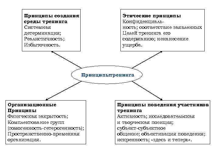 Принципы создания среды тренинга Системная детерминация; Реалистичность; Избыточность. Этические принципы Конфиденциальность; соответствие заявленных Целей