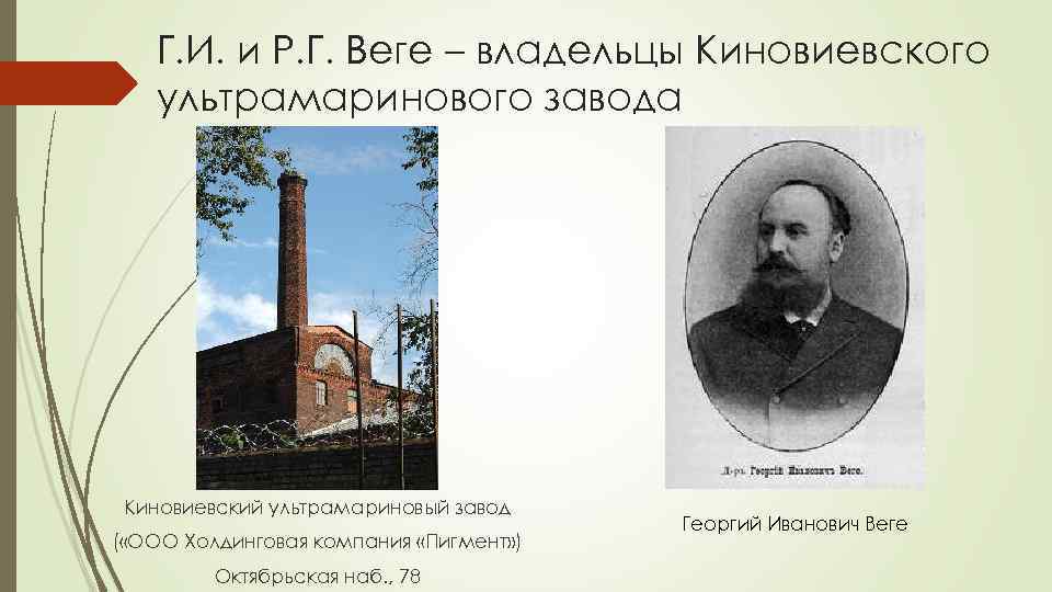 Г. И. и Р. Г. Веге – владельцы Киновиевского ультрамаринового завода Киновиевский ультрамариновый завод