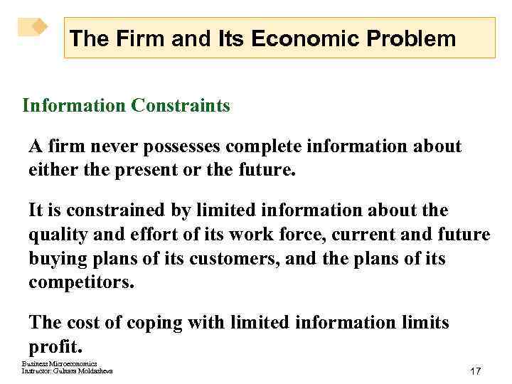 The Firm and Its Economic Problem Information Constraints A firm never possesses complete information