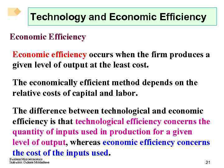 Technology and Economic Efficiency Economic efficiency occurs when the firm produces a given level