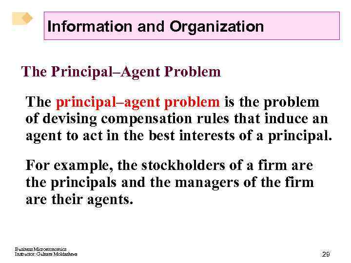 Information and Organization The Principal–Agent Problem The principal–agent problem is the problem of devising