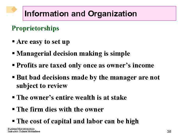 Information and Organization Proprietorships § Are easy to set up § Managerial decision making