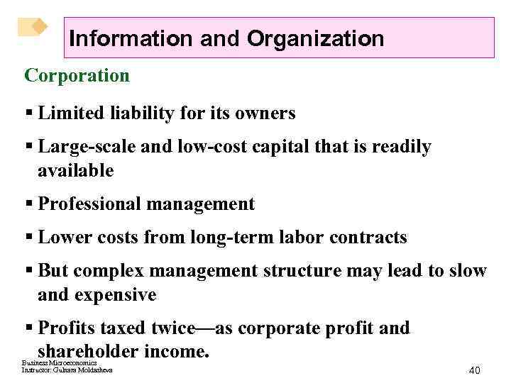 Information and Organization Corporation § Limited liability for its owners § Large-scale and low-cost