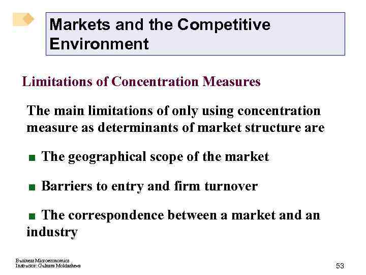 Markets and the Competitive Environment Limitations of Concentration Measures The main limitations of only