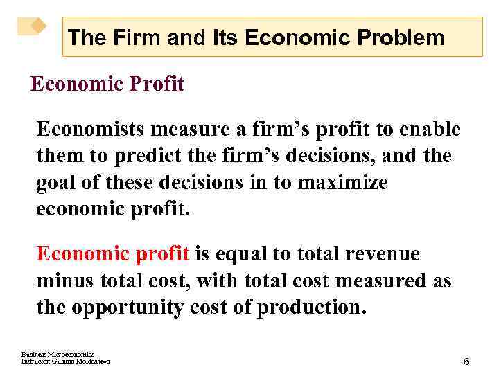 The Firm and Its Economic Problem Economic Profit Economists measure a firm’s profit to