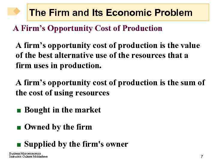 The Firm and Its Economic Problem A Firm’s Opportunity Cost of Production A firm’s