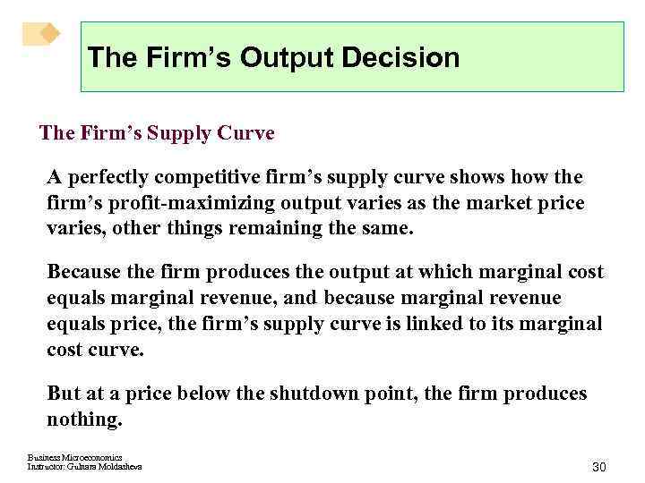 The Firm’s Output Decision The Firm’s Supply Curve A perfectly competitive firm’s supply curve