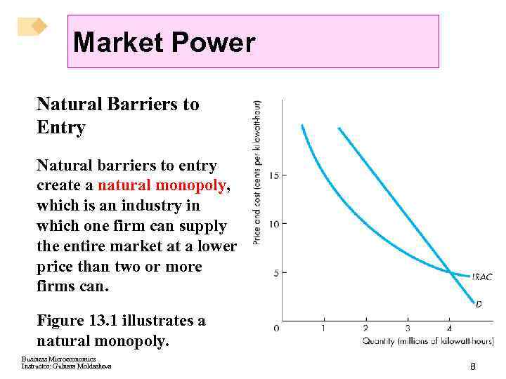 Market Power Natural Barriers to Entry Natural barriers to entry create a natural monopoly,