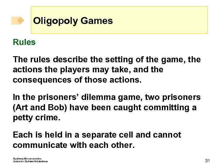 Oligopoly Games Rules The rules describe the setting of the game, the actions the