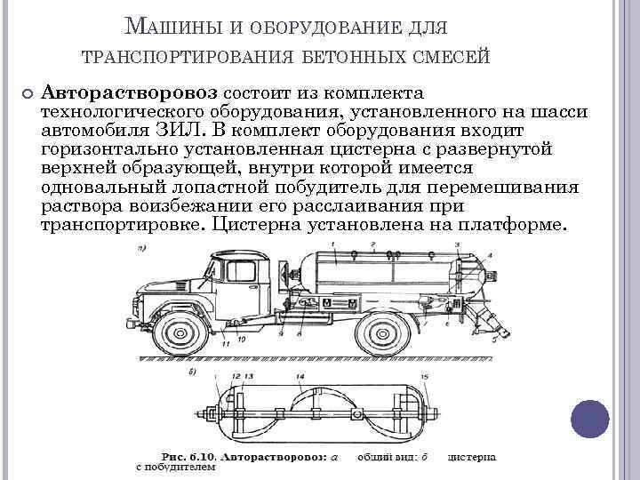 МАШИНЫ И ОБОРУДОВАНИЕ ДЛЯ ТРАНСПОРТИРОВАНИЯ БЕТОННЫХ СМЕСЕЙ Авторастворовоз состоит из комплекта технологического оборудования, установленного