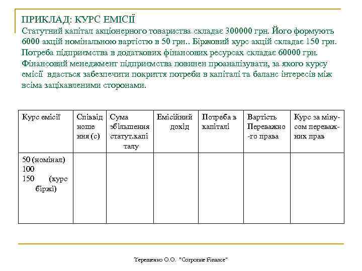 ПРИКЛАД: КУРС ЕМІСІЇ Статутний капітал акціонерного товариства складає 300000 грн. Його формують 6000 акцій