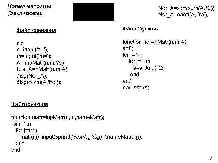 Норма матрицы (Эвклидова). Nor_A=sqrt(sum(A. ^2)); Nor_A=norm(A, ’fro’); файл сценария Файл функция clc n=input('n='); m=input(‘m=‘);