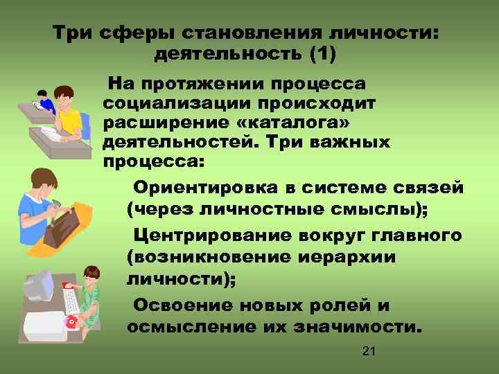 Три сферы становления личности: деятельность (1) На протяжении процесса социализации происходит расширение «каталога» деятельностей.