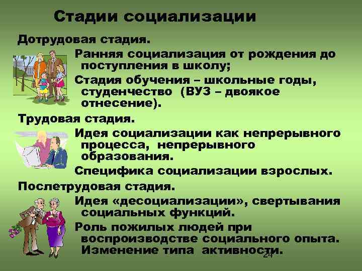 Стадии социализации Дотрудовая стадия. Ранняя социализация от рождения до поступления в школу; Стадия обучения
