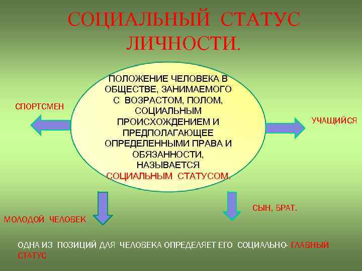 СОЦИАЛЬНЫЙ СТАТУС ЛИЧНОСТИ. СПОРТСМЕН ПОЛОЖЕНИЕ ЧЕЛОВЕКА В ОБЩЕСТВЕ, ЗАНИМАЕМОГО С ВОЗРАСТОМ, ПОЛОМ, СОЦИАЛЬНЫМ ПРОИСХОЖДЕНИЕМ
