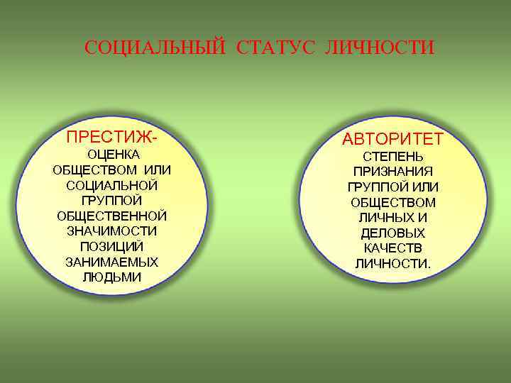 СОЦИАЛЬНЫЙ СТАТУС ЛИЧНОСТИ ПРЕСТИЖОЦЕНКА ОБЩЕСТВОМ ИЛИ СОЦИАЛЬНОЙ ГРУППОЙ ОБЩЕСТВЕННОЙ ЗНАЧИМОСТИ ПОЗИЦИЙ ЗАНИМАЕМЫХ ЛЮДЬМИ АВТОРИТЕТ