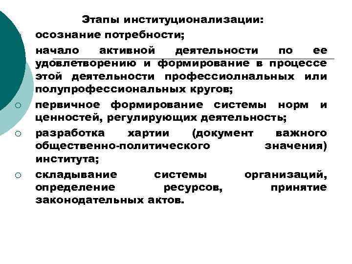 ¡ ¡ ¡ Этапы институционализации: осознание потребности; начало активной деятельности по ее удовлетворению и