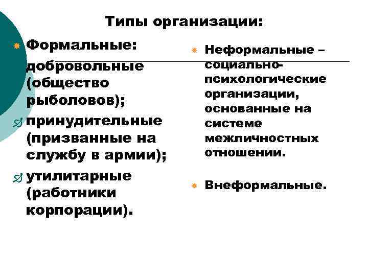 Типы организации: Формальные: Ð добровольные (общество рыболовов); Ð принудительные (призванные на службу в армии);