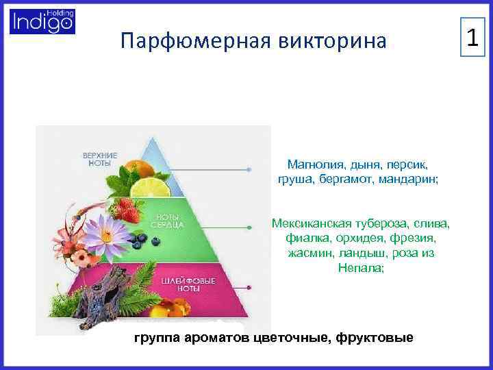 Парфюмерная викторина Магнолия, дыня, персик, груша, бергамот, мандарин; Мексиканская тубероза, слива, фиалка, орхидея, фрезия,