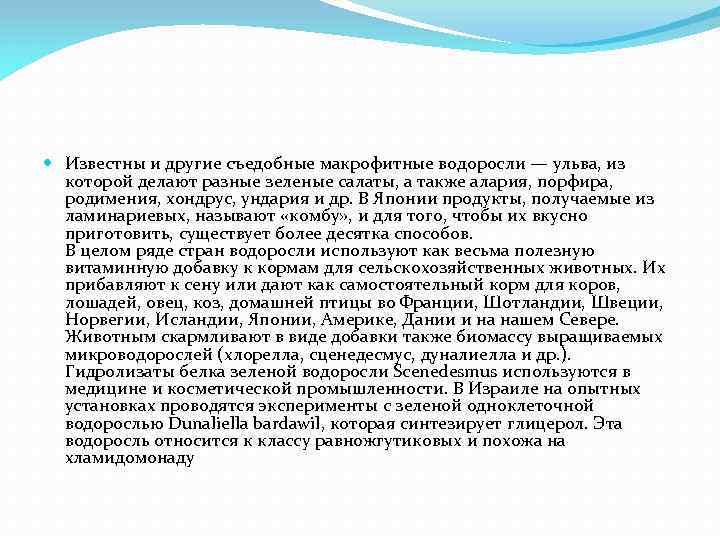  Известны и другие съедобные макрофитные водоросли — ульва, из которой делают разные зеленые