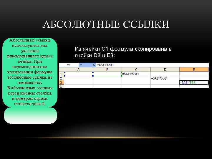 АБСОЛЮТНЫЕ ССЫЛКИ Абсолютные ссылки используются для указания фиксированного адреса ячейки. При перемещении или копировании