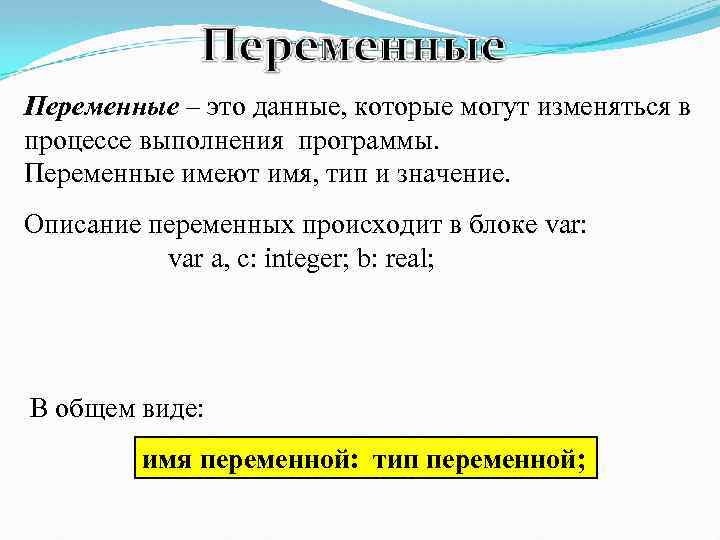 Переменные – это данные, которые могут изменяться в процессе выполнения программы. Переменные имеют имя,