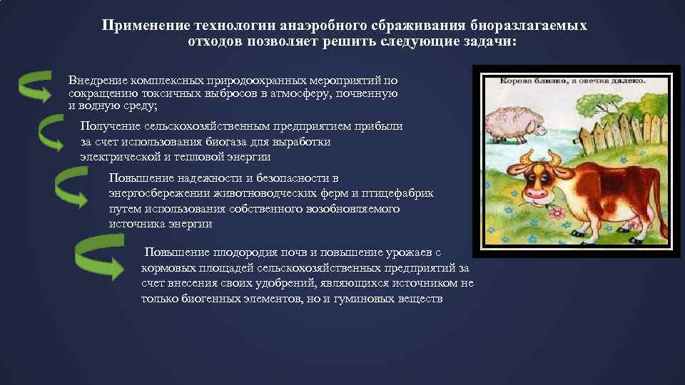 Применение технологии анаэробного сбраживания биоразлагаемых отходов позволяет решить следующие задачи: Внедрение комплексных природоохранных мероприятий