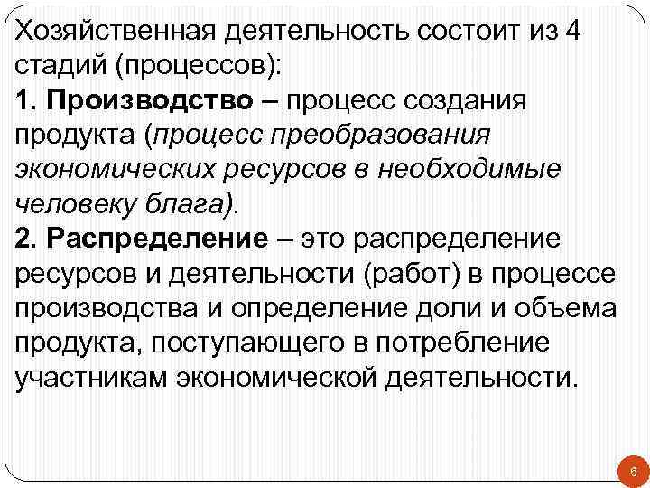 Хозяйственная деятельность состоит из 4 стадий (процессов): 1. Производство – процесс создания продукта (процесс