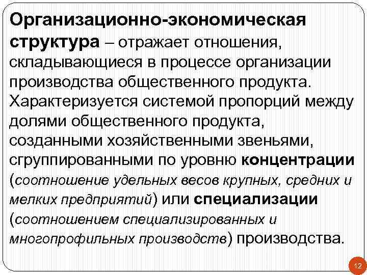 Организационно-экономическая структура – отражает отношения, складывающиеся в процессе организации производства общественного продукта. Характеризуется системой
