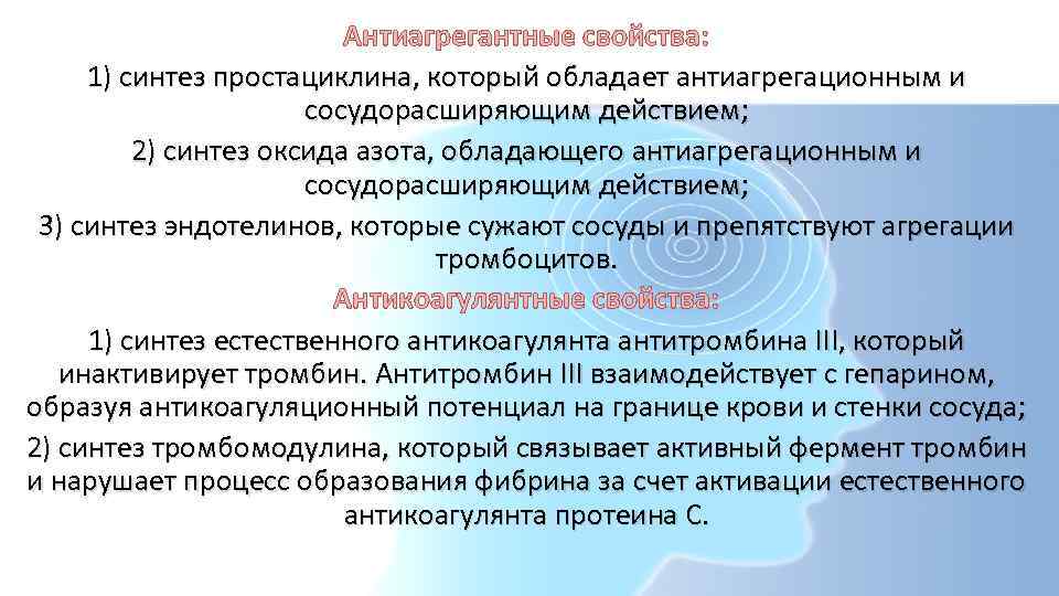 Антиагрегантные свойства: 1) синтез простациклина, который обладает антиагрегационным и сосудорасширяющим действием; 2) синтез оксида